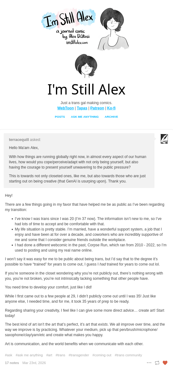 A brief conversation with Alex (@imstillalexcomic)